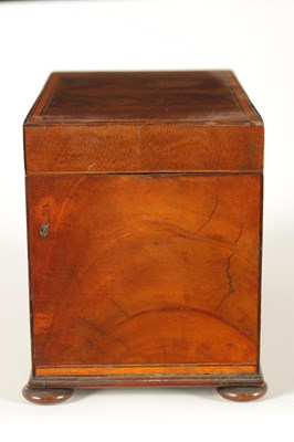 Lot 593 - A GEORGE III SATINWOOD STRUNG AND EBONY LINED FIGURED MAHOGANY TEA CADDY