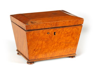 Lot 563 - A LATE GEORGIAN BURR MAPLE SARCOPHAGUS TEA CADDY