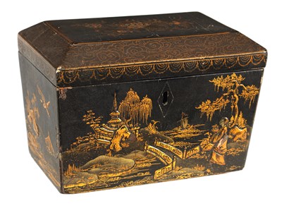 Lot A LATE GEORGIAN BLACK LACQUER AND CHINOISERRIE SARCOPHAGUS TEA CADDY