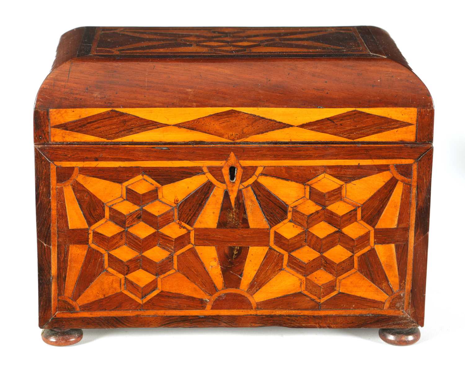 Lot 948 - AN EARLY VICTORIAN MAHOGANY AND ROSEWOOD BANDED SPECIMEN WOOD PARQUETRY INLAID TEA CADDY OF LARGE SIZE