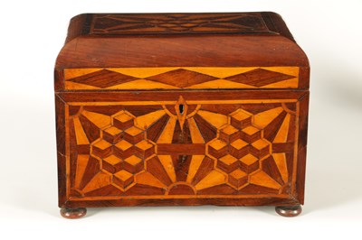 Lot 948 - AN EARLY VICTORIAN MAHOGANY AND ROSEWOOD BANDED SPECIMEN WOOD PARQUETRY INLAID TEA CADDY OF LARGE SIZE