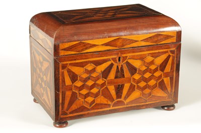 Lot 948 - AN EARLY VICTORIAN MAHOGANY AND ROSEWOOD BANDED SPECIMEN WOOD PARQUETRY INLAID TEA CADDY OF LARGE SIZE