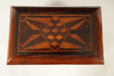 Lot 948 - AN EARLY VICTORIAN MAHOGANY AND ROSEWOOD BANDED SPECIMEN WOOD PARQUETRY INLAID TEA CADDY OF LARGE SIZE