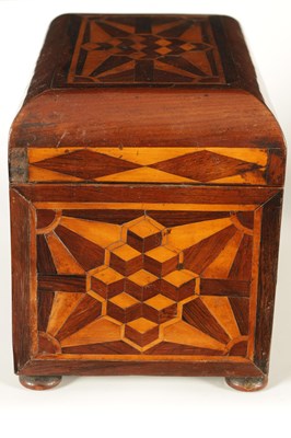 Lot 948 - AN EARLY VICTORIAN MAHOGANY AND ROSEWOOD BANDED SPECIMEN WOOD PARQUETRY INLAID TEA CADDY OF LARGE SIZE