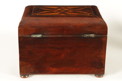 Lot 948 - AN EARLY VICTORIAN MAHOGANY AND ROSEWOOD BANDED SPECIMEN WOOD PARQUETRY INLAID TEA CADDY OF LARGE SIZE