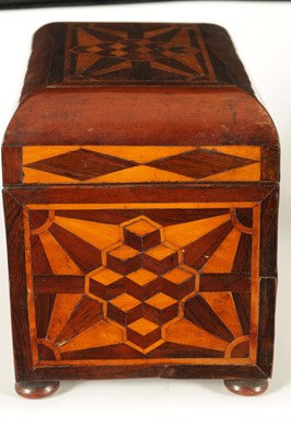 Lot 948 - AN EARLY VICTORIAN MAHOGANY AND ROSEWOOD BANDED SPECIMEN WOOD PARQUETRY INLAID TEA CADDY OF LARGE SIZE