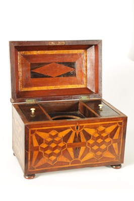 Lot 948 - AN EARLY VICTORIAN MAHOGANY AND ROSEWOOD BANDED SPECIMEN WOOD PARQUETRY INLAID TEA CADDY OF LARGE SIZE