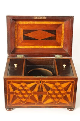 Lot 948 - AN EARLY VICTORIAN MAHOGANY AND ROSEWOOD BANDED SPECIMEN WOOD PARQUETRY INLAID TEA CADDY OF LARGE SIZE