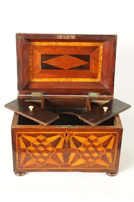 Lot 948 - AN EARLY VICTORIAN MAHOGANY AND ROSEWOOD BANDED SPECIMEN WOOD PARQUETRY INLAID TEA CADDY OF LARGE SIZE