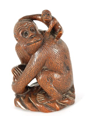 Lot 575 - A 19TH CENTURY CARVED HARDWOOD SCULPTURE OF A MONKEY