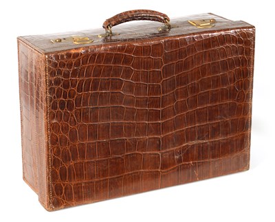 Lot 756 - A GOOD VINTAGE BROWN CROCODILE SKIN STITCHED SUITCASE