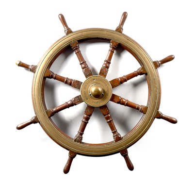 Lot 702 - A LATE 19TH CENTURY BRASS MOUNTED OAK SHIP'S WHEEL BY BROWN BOTHERS, EDINBURGH