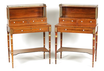 Lot 1139 - A MATCHED PAIR OF LATE REGENCY BOX WOOD STRUNG, ROSEWOOD AND ORMOLU MOUNTED BONHEUR DU JOURS IN THE MANNER OF JOHN MACLEAN