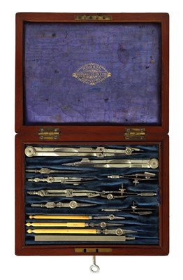 Lot 475 - ROBSON, NEWCASTLE ON TYNE. A 19TH CENTURY BRASS BOUND MAHOGANY CASED SET OF DRAWING INSTRUMENTS