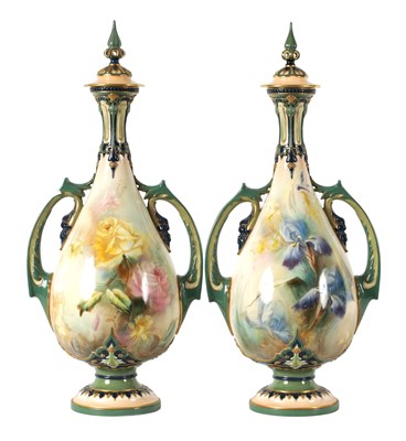 Lot 96 - A FINE PAIR OF HADLEYS’ WORCESTER LARGE CABINET VASES AND COVERS