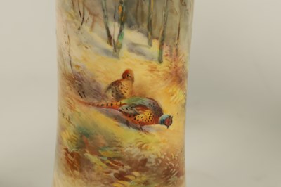 Lot 40 - JAMES STINTON. A PAIR OF ROYAL WORCESTER GILT EDGED FLARED CYLINDRICAL CABINET VASES