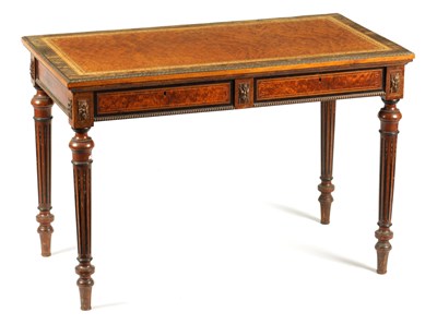 Lot 1180 - GILLOWS, LANCASTER. A FINE MID 19TH CENTURY AMBOYNA AND CALAMANDER ORMOLU MOUNTED WRITING TABLE