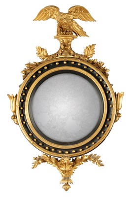 Lot 1042 - A FINE REGENCY GILTWOOD CONVEX HANGING MIRROR