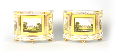Lot 55 - A LARGE PAIR OF REGENCY COALPORT BOW-FRONTED CACHE POTS