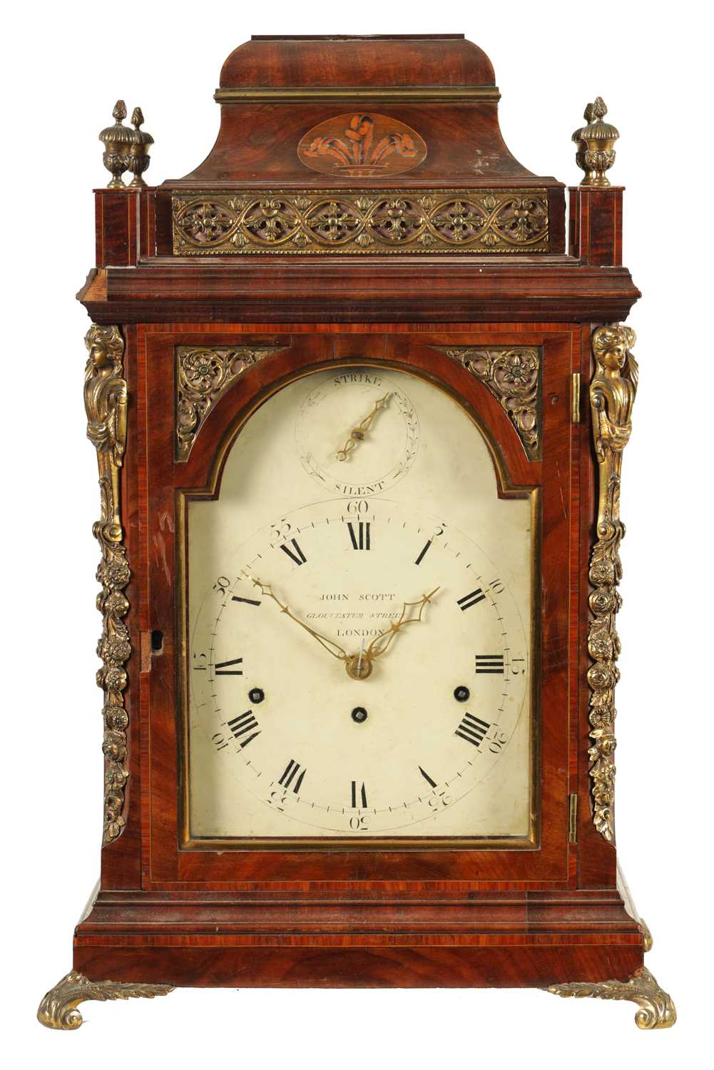 Lot 988 - JOHN SCOTT, GLOUCESTER STREET, LONDON. A LATE 18TH CENTURY THREE TRAIN QUARTER STRIKING INLAID AND ORMOLU MOUNTED MAHOGANY BRACKET CLOCK