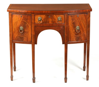 Lot 1186 - A GEORGE III SATINWOOD CROSS-BANDED FIGURED MAHOGANY BOW-FRONT SIDEBOARD OF SMALL SIZE