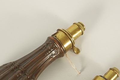 Lot 423 - TWO 19TH CENTURY COPPER AND BRASS POWDER FLASKS AND A PRESSED HORN POWDER FLASK