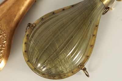 Lot 423 - TWO 19TH CENTURY COPPER AND BRASS POWDER FLASKS AND A PRESSED HORN POWDER FLASK