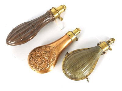 Lot 423 - TWO 19TH CENTURY COPPER AND BRASS POWDER FLASKS AND A PRESSED HORN POWDER FLASK