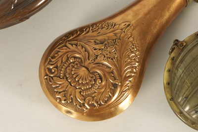 Lot 423 - TWO 19TH CENTURY COPPER AND BRASS POWDER FLASKS AND A PRESSED HORN POWDER FLASK