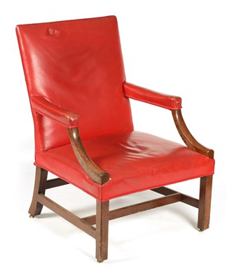 Lot 1149 - A GEORGE III MAHOGANY AND RED LEATHER GAINSBOROUGH CHAIR OF GENEROUS PROPORTIONS