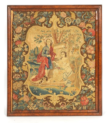 Lot 714 - A GEORGE II NEEDLEWORK TAPESTRY IN ORIGINAL FIGURED WALNUT SHORT GRAIN MOULDED FRAME