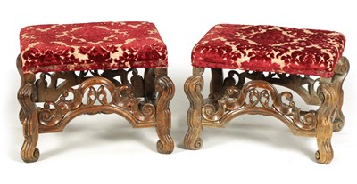 Lot 1138 - A PAIR OF CHARLES II WALNUT UPHOLSTERED STOOLS