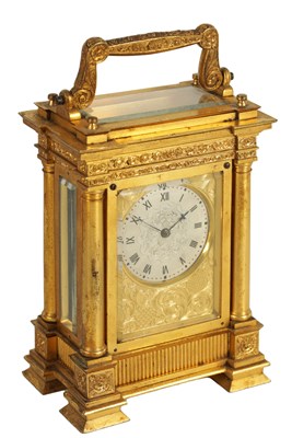 Lot 916 - GRAYHURST HARVEY AND CO. STRAND & REGENT STREET, LONDON, NO.8924. A FINE MID 19TH CENTURY GILT BRASS ENGLISH FUSEE CARRIAGE CLOCK