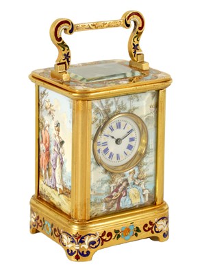 Lot 911 - A FINE LATE 19TH CENTURY FRENCH GILT BRASS AND CHAMPLEVE ENAMEL SMALL CARRIAGE CLOCK WITH LIMOGES ENAMEL PANELS