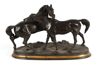 Lot 706 - AFTER PIERRE JULES MENE. A 19TH CENTURY EQUESTRIAN BRONZE SCULPTURE "L'ACCOLADE"