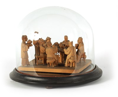 Lot 128 - A 19TH CENTURY CHINESE BOXWOOD CARVED FIGURE GROUP UNDER GLASS DOME