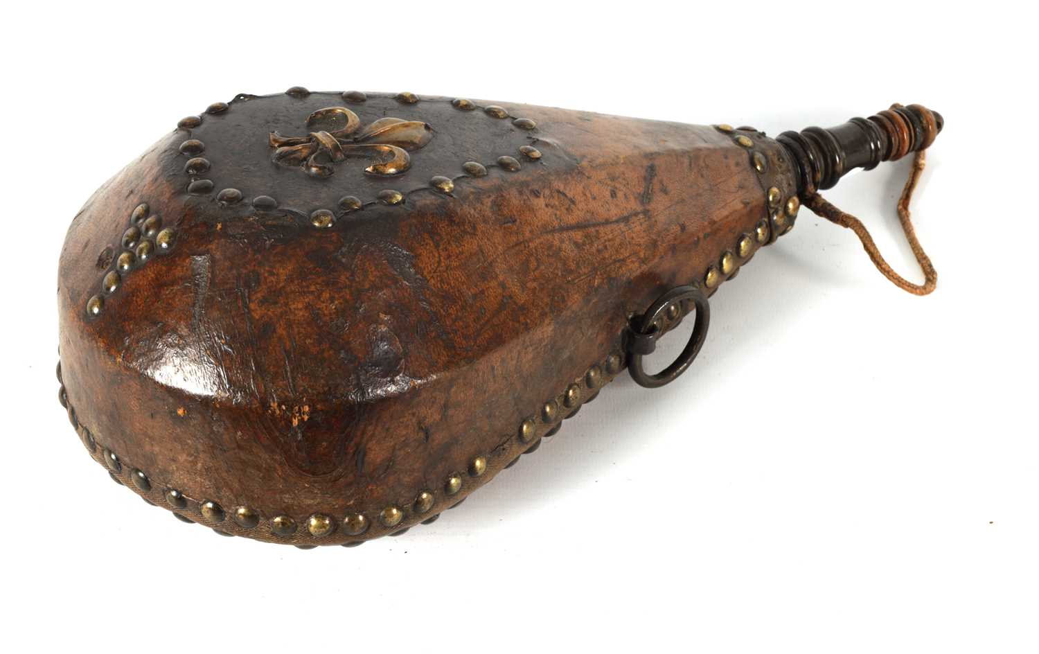 Lot 788 - A 19TH CENTURY LEATHER AND BRASS STUDDED HARVEST FLASK