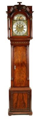 Lot 969 - WILLIAM WINSTANLEY, WIGAN. A GEORGE III FLAME MAHOGANY EIGHT-DAY MOON ROLLER LONGCASE CLOCK