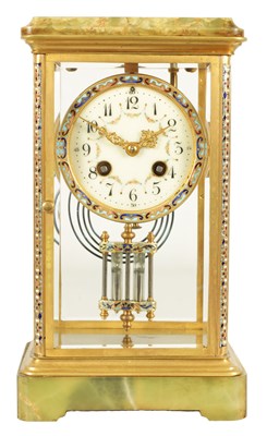 Lot 940 - A LATE 19TH CENTURY FRENCH CHAMPLEVE ENAMEL, ONYX AND BRASS FOUR GLASS MANTEL CLOCK