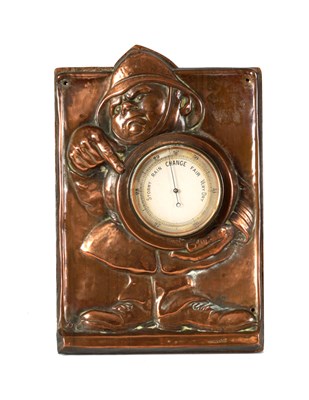 Lot 543 - AN ARTS AND CRAFTS COPPER NOVELTY DESK BAROMETER DEPICTING A FIREMAN