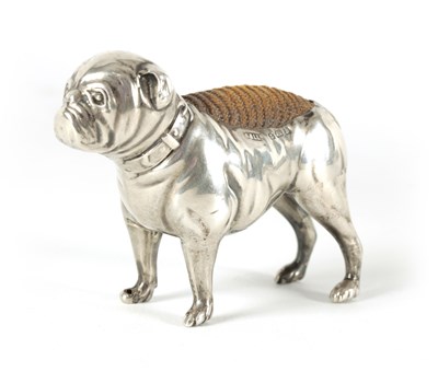 Lot 340 - A VICTORIAN SMALL SILVER PIN CUSHION IN THE FORM OF A BULLDOG