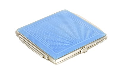 Lot 303 - AN ART DECO SILVER AND GUILLOCHE ENAMEL LADIES COMPACT