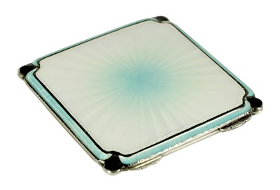 Lot 298 - AN ART DECO SILVER AND GUILLOCHE ENAMEL SQUARE POWDER COMPACT