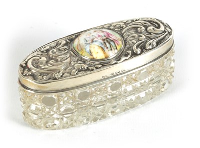 Lot 362 - AN EDWARD VII SILVER, ENAMEL AND CUT GLASS DRESSING TABLE BOX