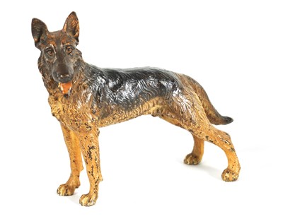 Lot 696 - A LATE 19TH/ EARLY 20TH CENTURY AUSTRIAN COLD PAINTED BRONZE SCULPTURE OF AN ALSATIAN DOG