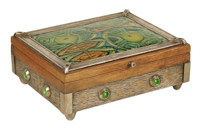 Lot 539 - A 20TH CENTURY ARTS AND CRAFTS STYLE SILVER MOUNTED AND ENAMEL WORK WALNUT JEWELLERY BOX