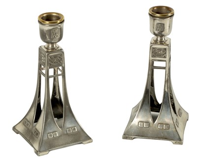 Lot 548 - A PAIR OF EARLY 20TH CENTURY WMF SECESSIONIST SILVER PLATED CANDLESTICKS