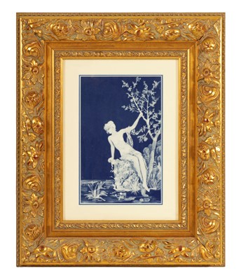 Lot 92 - MARCEL CHAUFRIASSE LIMOGES, AN EARLY 20TH CENTURY BLUE AND WHITE PATE-SUR-PATE FRAMED PORCELAIN PLAQUE