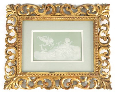 Lot 63 - CAMILLE THARAUD LIMOGES. A LATE 19TH CENTURY PATE SUR PATE PALE GREEN GROUND FRAMED PORCELAIN PLAQUE