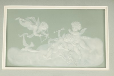 Lot 63 - CAMILLE THARAUD LIMOGES. A LATE 19TH CENTURY PATE SUR PATE PALE GREEN GROUND FRAMED PORCELAIN PLAQUE